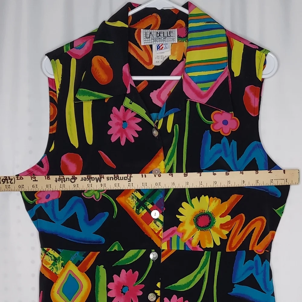 90's Vtg LABelle Button Collar Dress Multicolor Print Tie Sleeveless Midi 13 USA - Picture 5 of 12